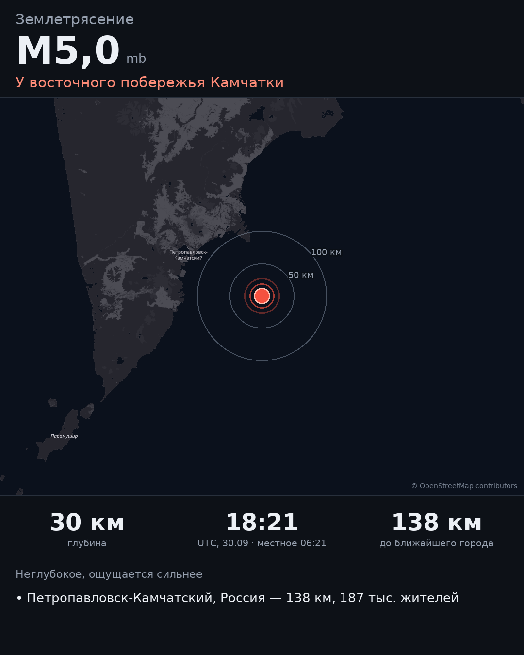 Карточка события M5,0 · У восточного побережья Камчатки