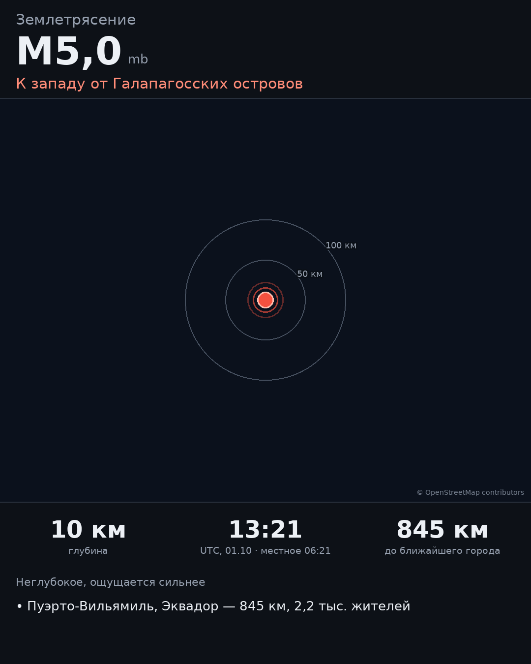 Карточка события M5,0 · К западу от Галапагосских островов
