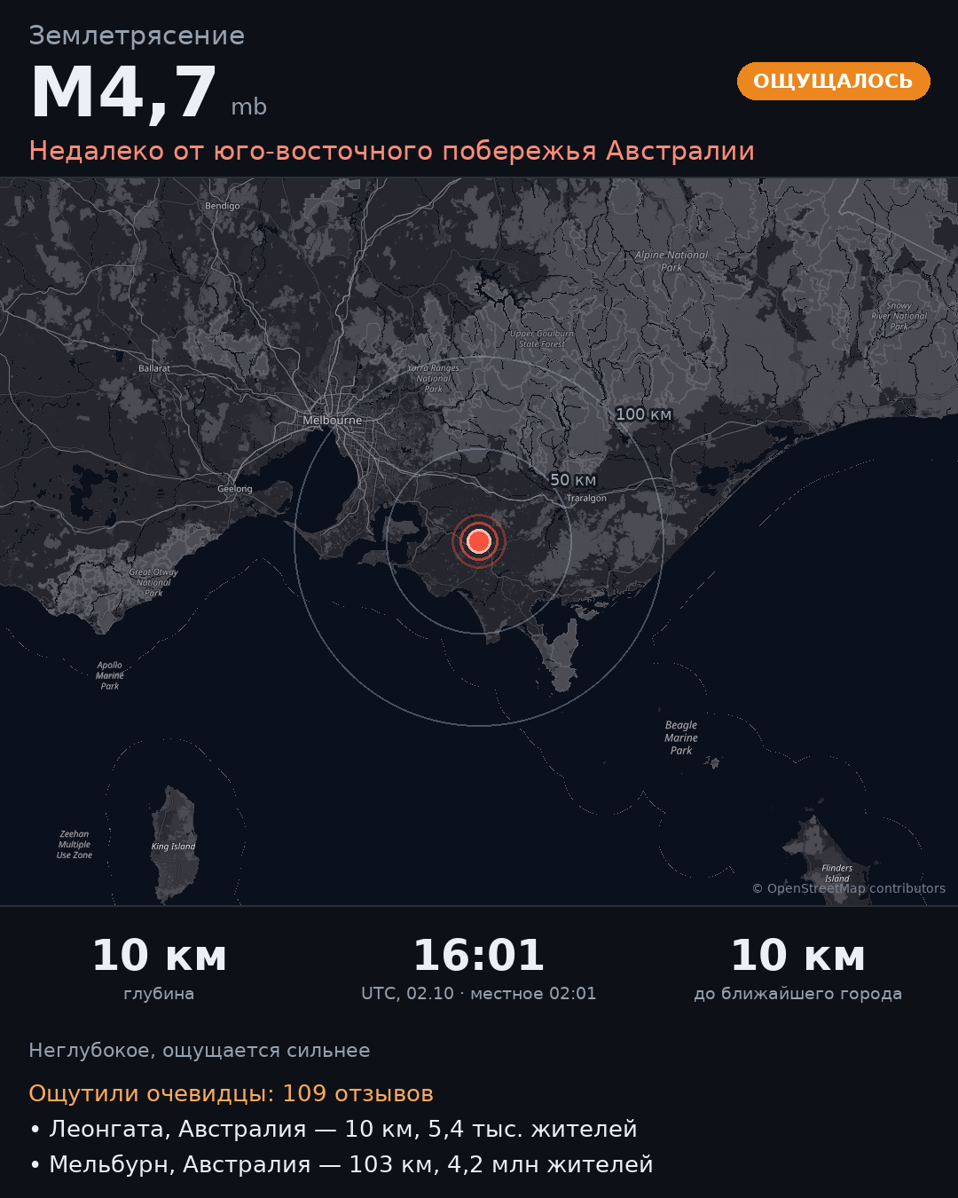 Карточка события M4,7 · Недалеко от юго-восточного побережья Австралии