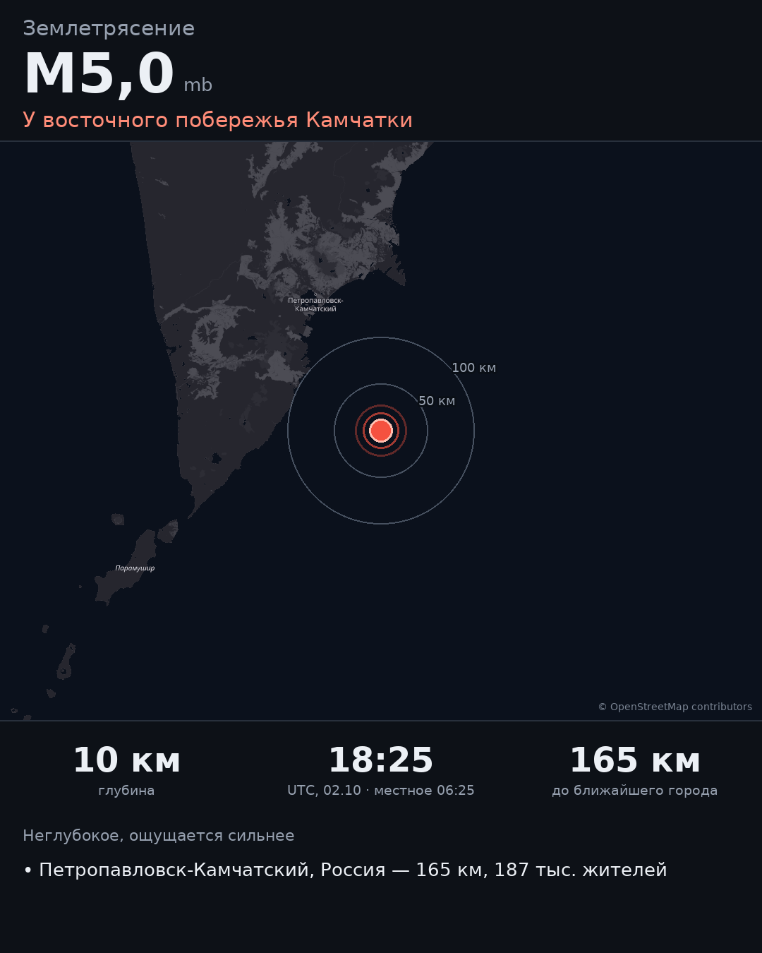 Карточка события M5,0 · У восточного побережья Камчатки