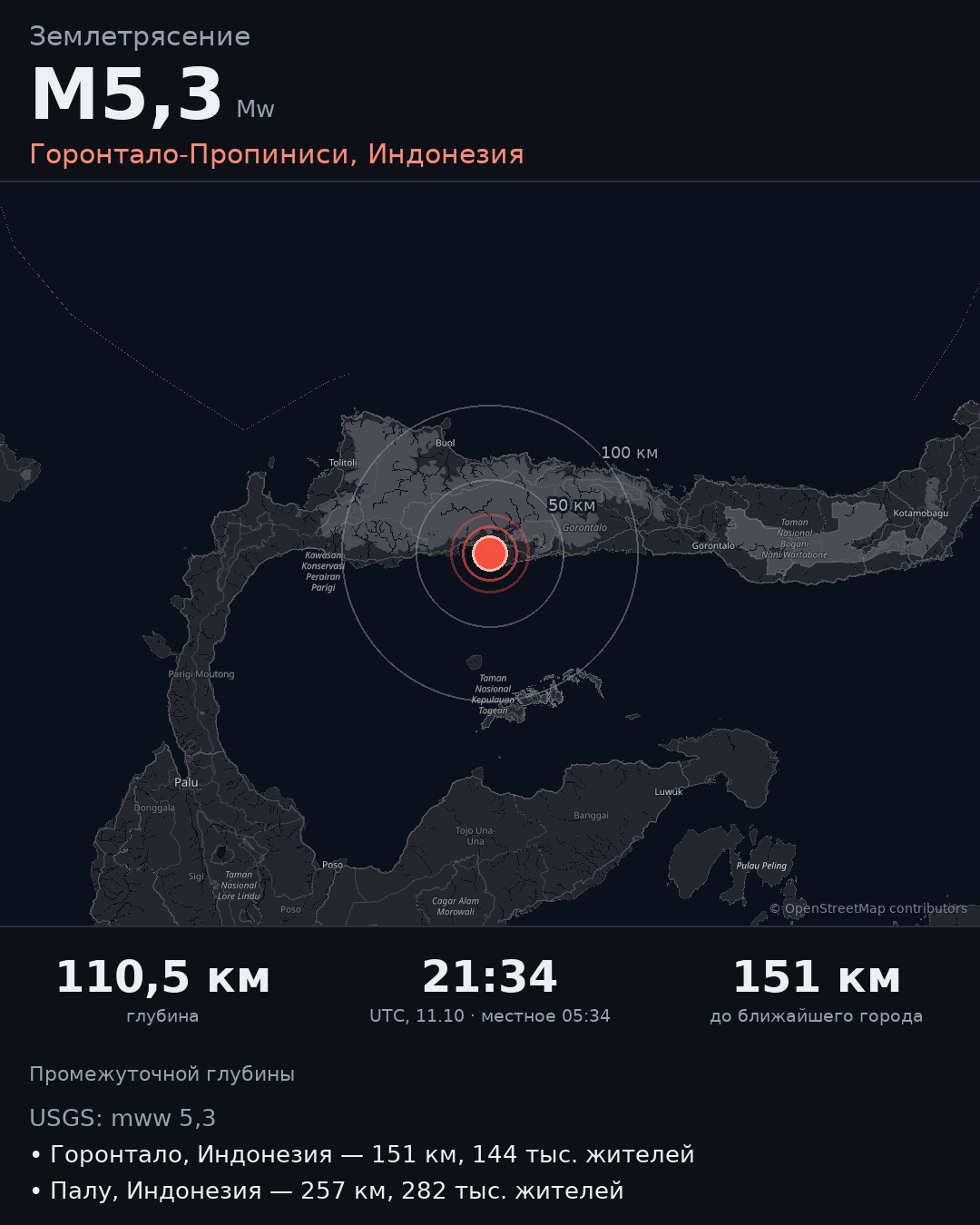 Карточка события M5,3 · Горонтало-Пропиниси, Индонезия