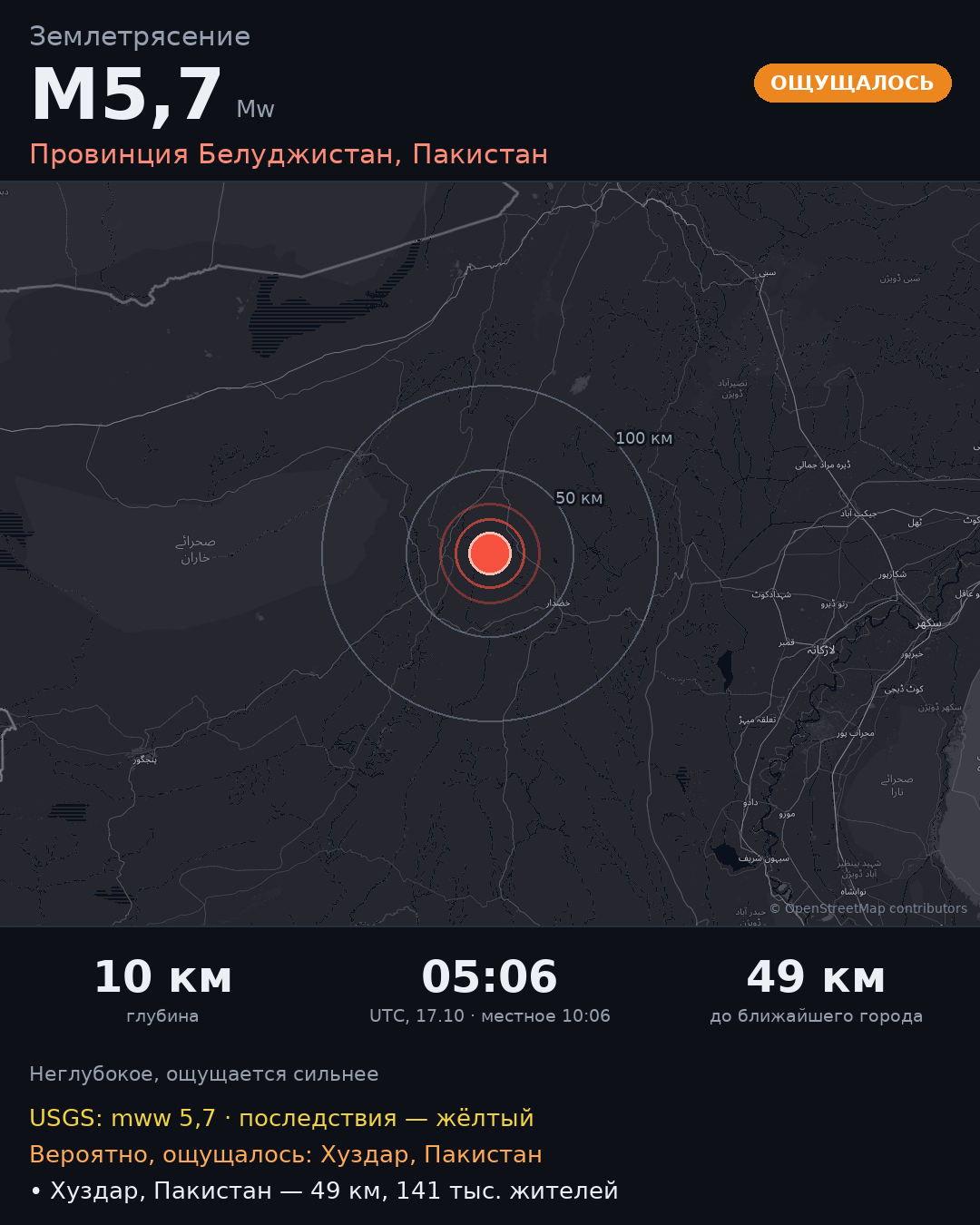 Карточка события M5,7 · Провинция Белуджистан, Пакистан