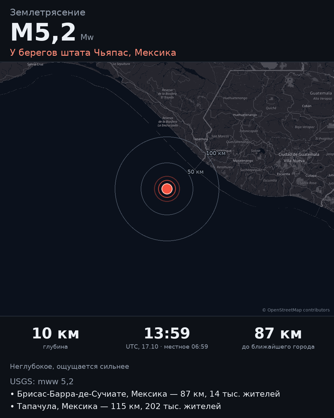 Карточка события M5,2 · У берегов штата Чьяпас, Мексика